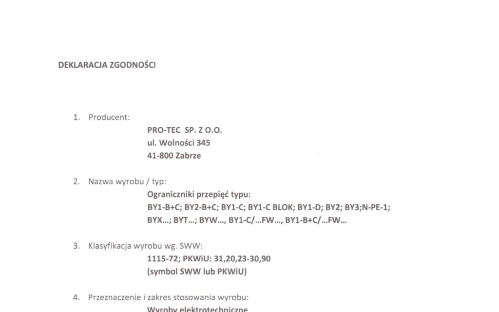Deklaracja zgodności CE — ograniczniki — podgląd pierwszej strony