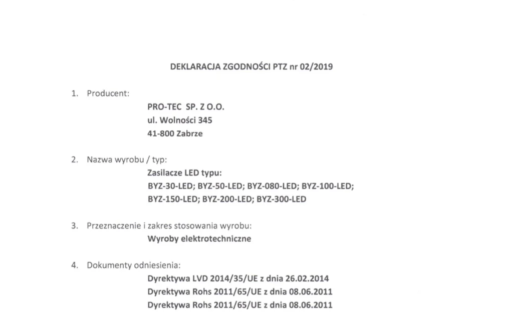Deklaracja PDZ — zasilacze IP67 — podgląd pierwszej strony