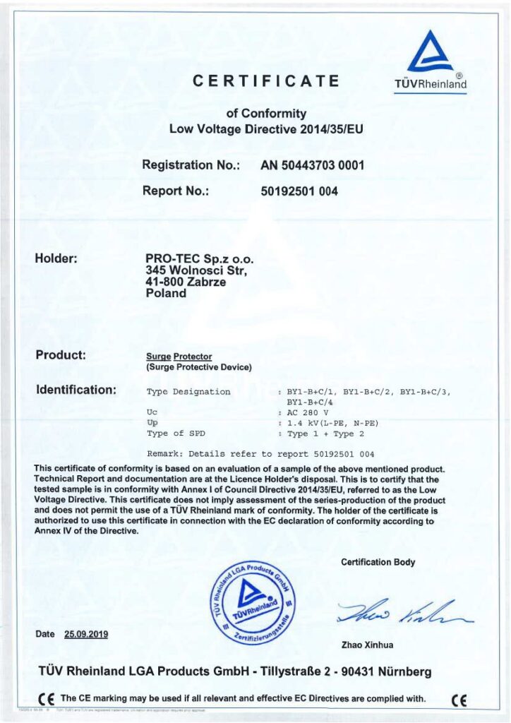 Certyfikat TÜV — ograniczniki typu 1+2 — podgląd pierwszej strony