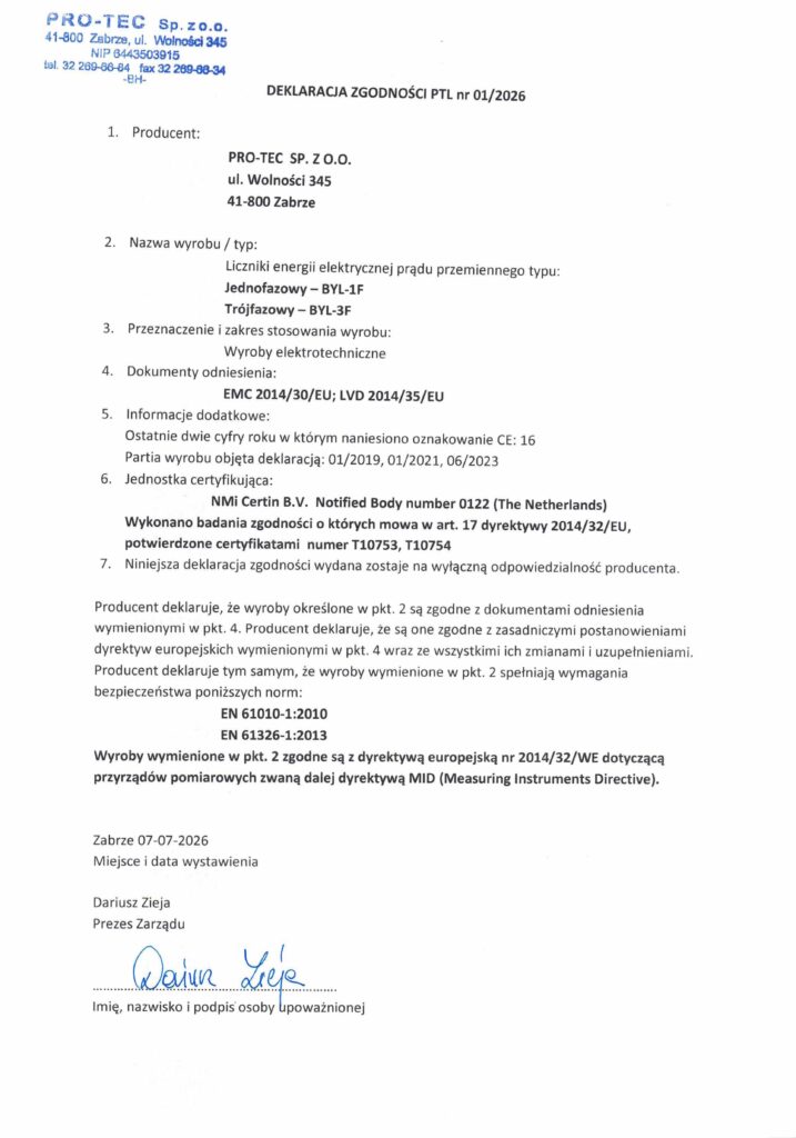 Deklaracja zgodności — liczniki energii MID — podgląd pierwszej strony