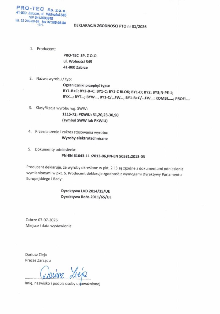 Deklaracja zgodności — ograniczniki przepięć — podgląd pierwszej strony