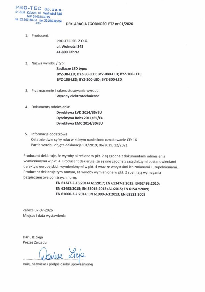 Deklaracja zgodności — zasilacze LED IP67 — podgląd pierwszej strony